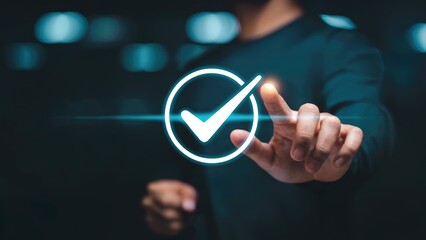 Man selecting a checkmark icon on a screen, symbolizing approval or confirmation digitally