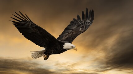 Obraz premium A majestic bald eagle soaring through a dramatic golden-hued sky.