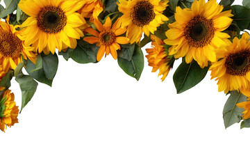 Naklejka premium Bright Yellow Decorative Sunflower Border with Green Leaves on Transparent Background