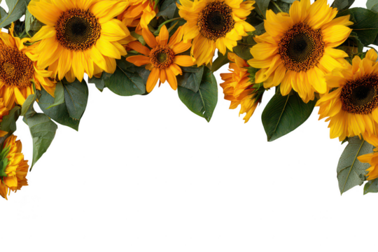 Bright Yellow Decorative Sunflower Border with Green Leaves on Transparent Background