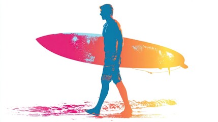 Vibrant silhouette of a man carrying a surfboard near a shoreline against white