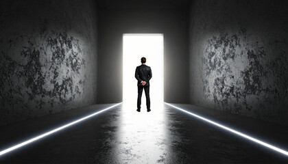 Obraz premium Businessman standing at the entrance to the light. Business concept about success and ambition.