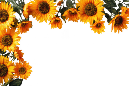 Bright Yellow Decorative Sunflower Border with Green Leaves on Transparent Background