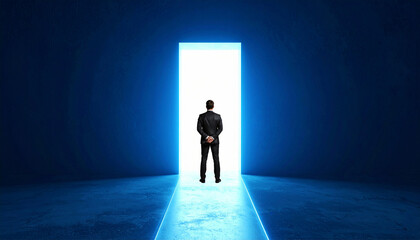 Obraz premium Businessman standing at the entrance to the light. Business concept about success and ambition.