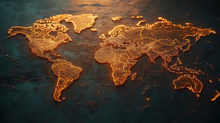 Global map illuminated with warm orange glow
