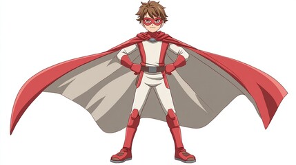 Boy dressed as hero cape, goggles, hands on hips, proud posture, anime style