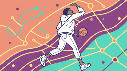 Illustration of a basketball player in motion against a colorful abstract background with lines and circles