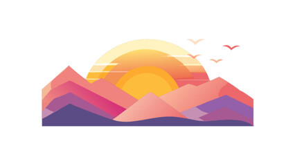 Illustration of a sunset over colorful mountains with birds in a minimalist style landscape view