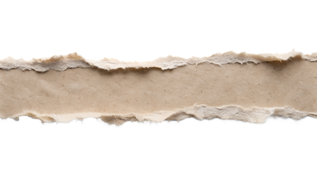 A horizontal strip of torn kraft paper with rough natural edges isolated on a transparent