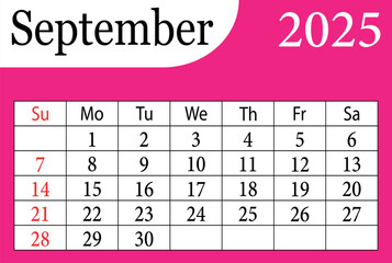 September month calendar 2025 vector design. September 2025 calendars