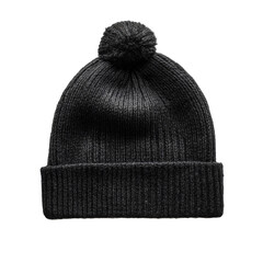 Black woolen beanie hat with foldable brim and pompom isolated on transparent background.