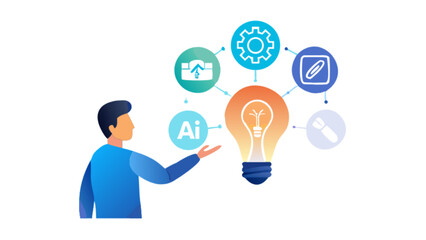 Man presenting a lightbulb with ai and other icons representing innovation and technology concept idea