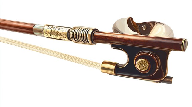 Close-up of a violin bow, showing intricate details and creamy-white horsehair