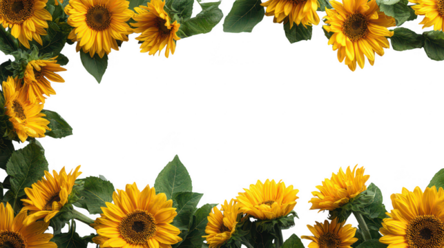 Bright Yellow Decorative Sunflower Border with Green Leaves on Transparent Background