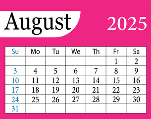August 2025 monthly calendar design. Colorful calendar august 2025