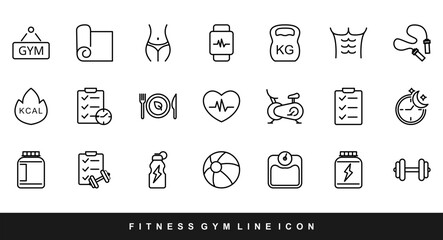 Fitness and Gym Icon – Workout, Nutrition, Body Measurement, Cardio, and Supplements – Vector Illustration