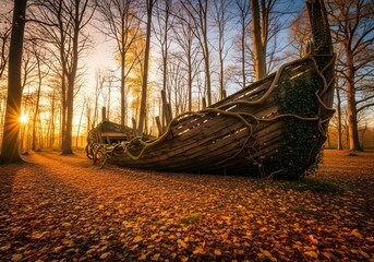 Obraz premium Decaying Wooden Ship Surrounded by Autumn Leaves
