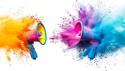 Colourful paint splashes collide from a bullhorn, creating an abstract communication illustration