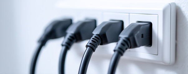 Multiple black electrical plugs connected to a power outlet on a white wall at a modern interior setting