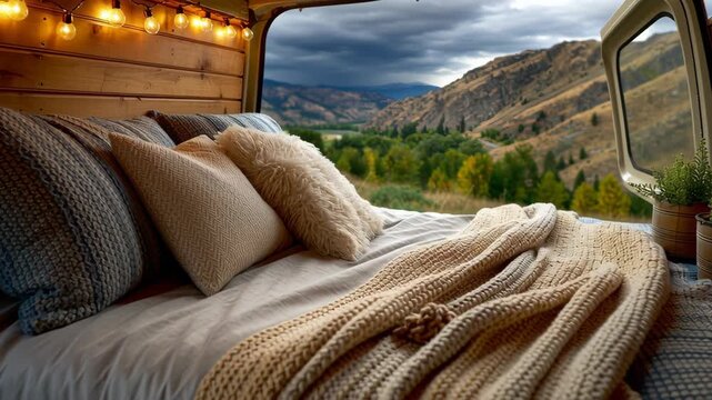 Cozy van interior featuring wool blankets, pillows, and string lights, showcasing serene views of mountains and nature for ultimate relaxation