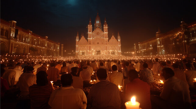 Feast of Our Lady of Health: Evening church mass at Velankanni Basilica with candles glowing, spiritual gathering, peaceful environment