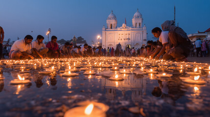 Feast of Our Lady of Health: Pilgrims lighting candles outside Velankanni Basilica at dusk, devotional expressions, spiritual glow,