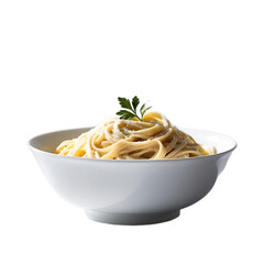 Bowl of pasta with single leaf served indoors

