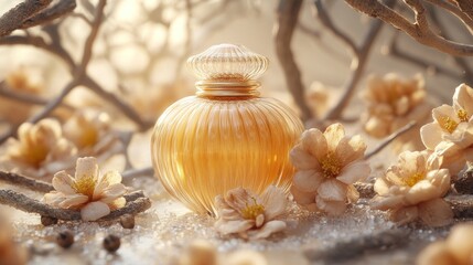 Obraz premium Golden perfume bottle, flowers, sunlight