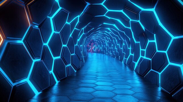Futuristic Hexagonal Tunnel: Neon Blue Sci-Fi Corridor