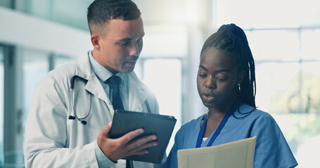 Documents, medical or tablet with doctor and nurse in hospital for internship or learning. App, healthcare and paperwork with man and student woman in clinic for development, mentorship or training