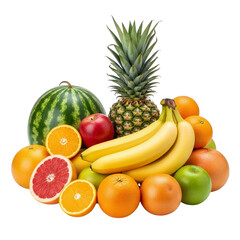 A vibrant and refreshing assortment of ripe tropical and citrus fruits including watermelon, pineapple, bananas, oranges, grapefruit, and apples