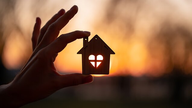 Conceptual image of small wooden house with heart shape against warm sunset background suggesting home love security and family values