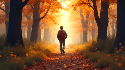 Fototapeta premium A serene walk through the autumn forest filled with orange leaves and golden sunlight