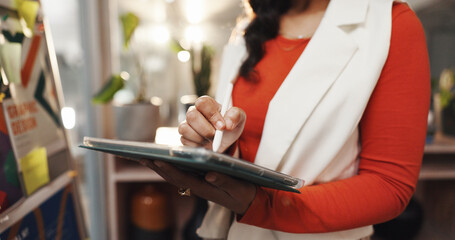 Hands, woman and drawing on tablet in office for logo design, editing sketch and campaign brief....