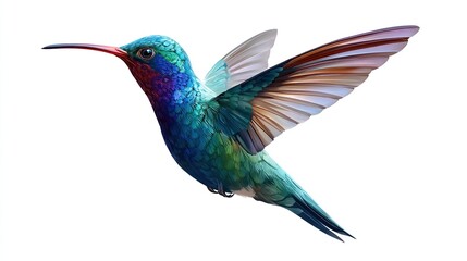 Fototapeta premium Vivid, colorful hummingbird mid-flight, wings spread, on an isolated white background