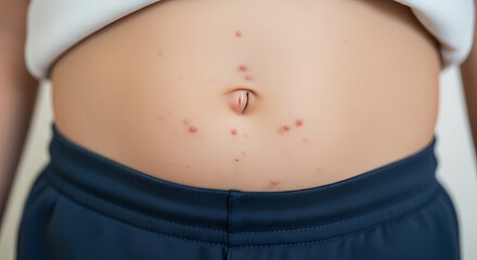Naklejka premium Allergic reaction with red itchy spots and pimples on a young child's sensitive skin, showing a rash on the abdomen and navel area.
