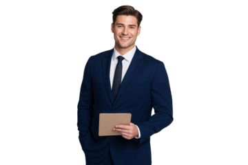 Businessman with a clipboard or document, ready for presentation, isolated on transparent background