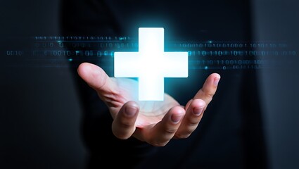 Hand holding a glowing plus sign with digital binary code a symbol of modern medicine and healthcare technology advancement