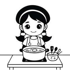 Young girl in an apron, cooking at a kitchen counter. Smiling child chef attentively stirring a pot of soup on a stove top.