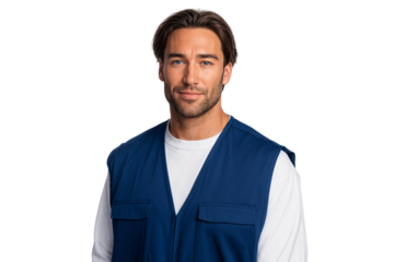 Friendly construction worker in a blue vest and white shirt smiling at the camera, isolated on transparent background