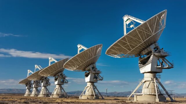 Row of Satellite Dishes Receiving Signal against Blue Sky