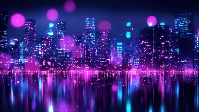 Vibrant Night Cityscape with Neon Lights and Reflections Over Water in a Futuristic Urban Setting 4k video footage