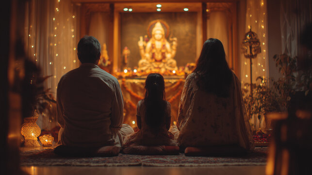 Pradosh Vrat: Family performing evening prayer together in front of Shiva altar, devotional expression, home shrine, soft lighting with blank space