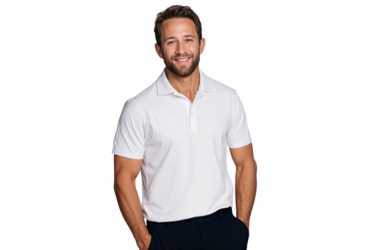 Smiling casual businessman with a beard wears a white polo shirt and dark pants, ready for summer holiday, isolated on transparent background