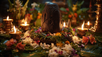 Pradosh Vrat: Shiva linga decorated with bilva leaves, flowers, and diya lamps, shot during Pradosham evening puja, sacred ambiance, clean background