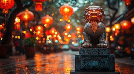 Chinese Guardian Lion in Lantern-Lit Street