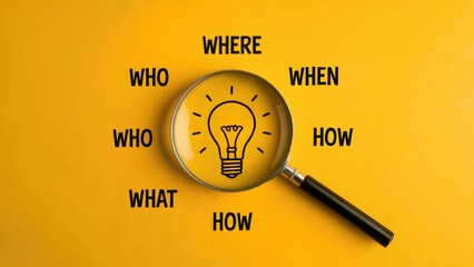 Magnifying glass reveals questions and a lightbulb idea concept, symbolizing research and discovery