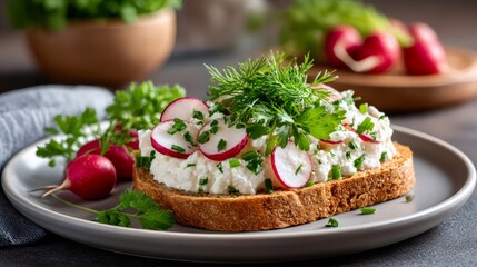 Healthy toast with cottage cheese, radish, dill and chives garnishing a gray plate