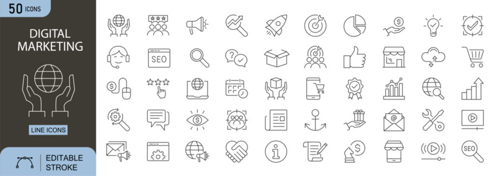 Digital Marketing icons set. Includes icons for SEO, email, content marketing, analytics, social media, conversion rate, online advertising, and mobile marketing. Line icons. Perfect for infographics.