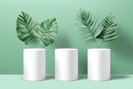 Minimalist vector mockup of three white round pedestals on a green background, perfect for elegant product presentations.

